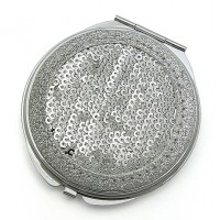 Compact Mirror - 12 PCS - Sequined - Silver - MR-GM1284S